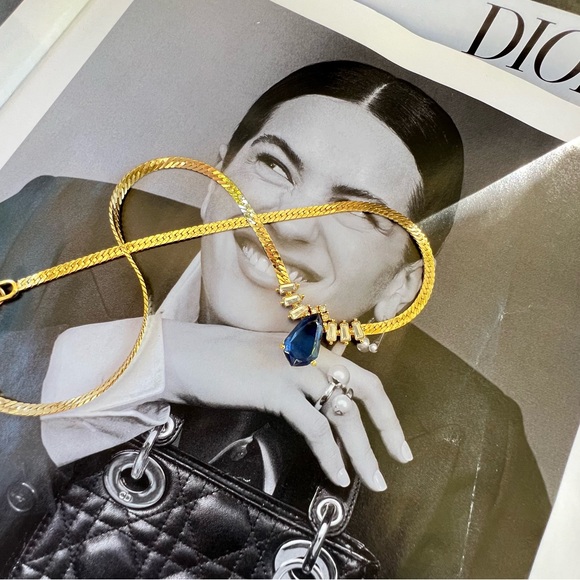 DIOR Water Drop Necklace Gold Plated Christian Dior Jewelry Emerald Cut - Picture 10 of 13